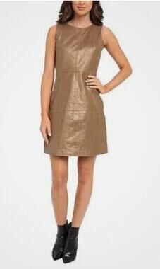 Badgley Mischka Womens 8 Brown Gold Shimmer Leather Belle Midi Shift Dress
